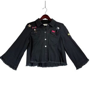 Guest Editor Denim Jacket Womens S Black Ruffle Back Bell Sleeve Edgy Military